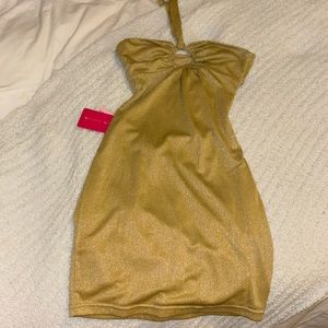 beginning boutique gold halter dress new with tags